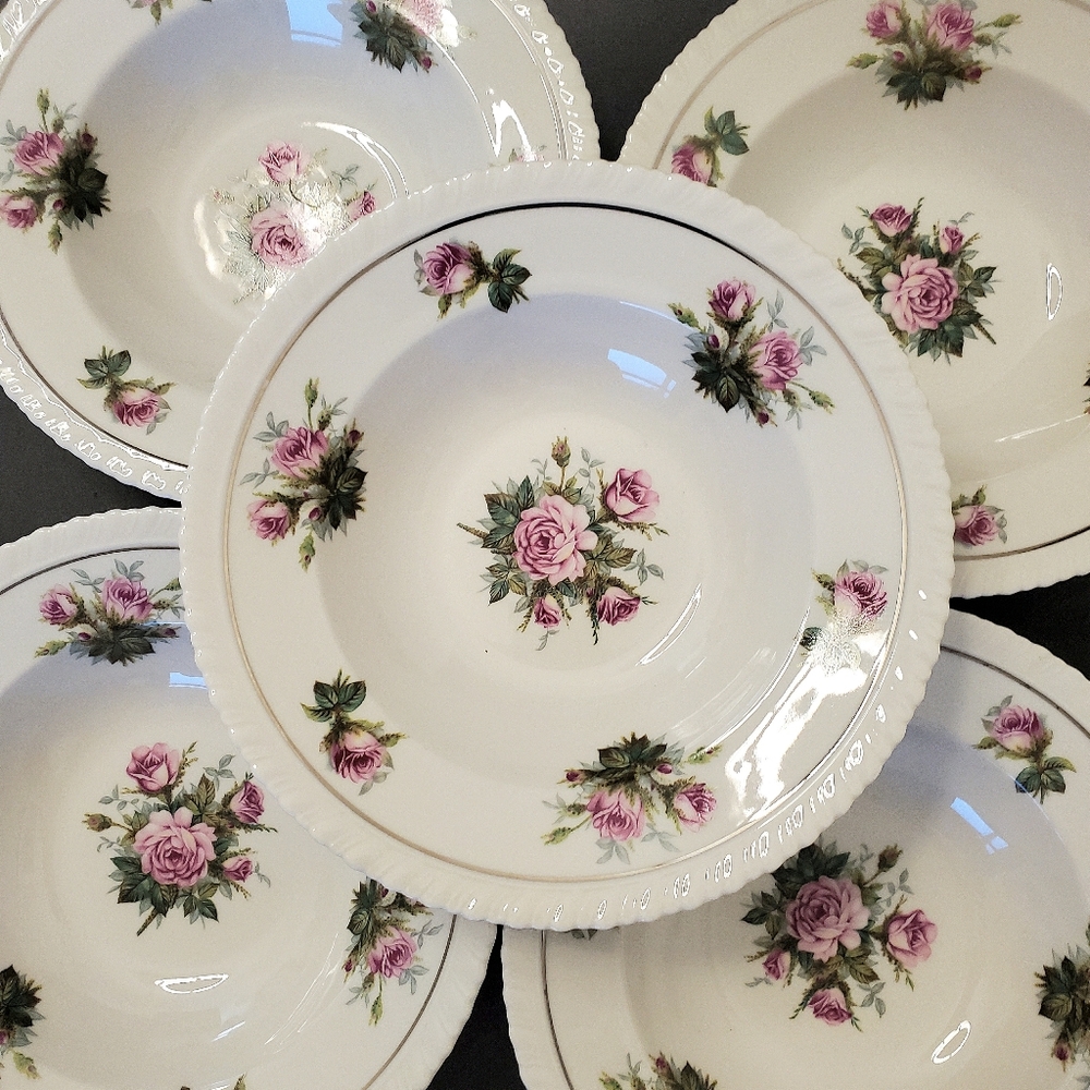 (5) 1950s Hanover "Anniversary" Pink Roses & Silver Trim 8" Rim Soup Bowls
